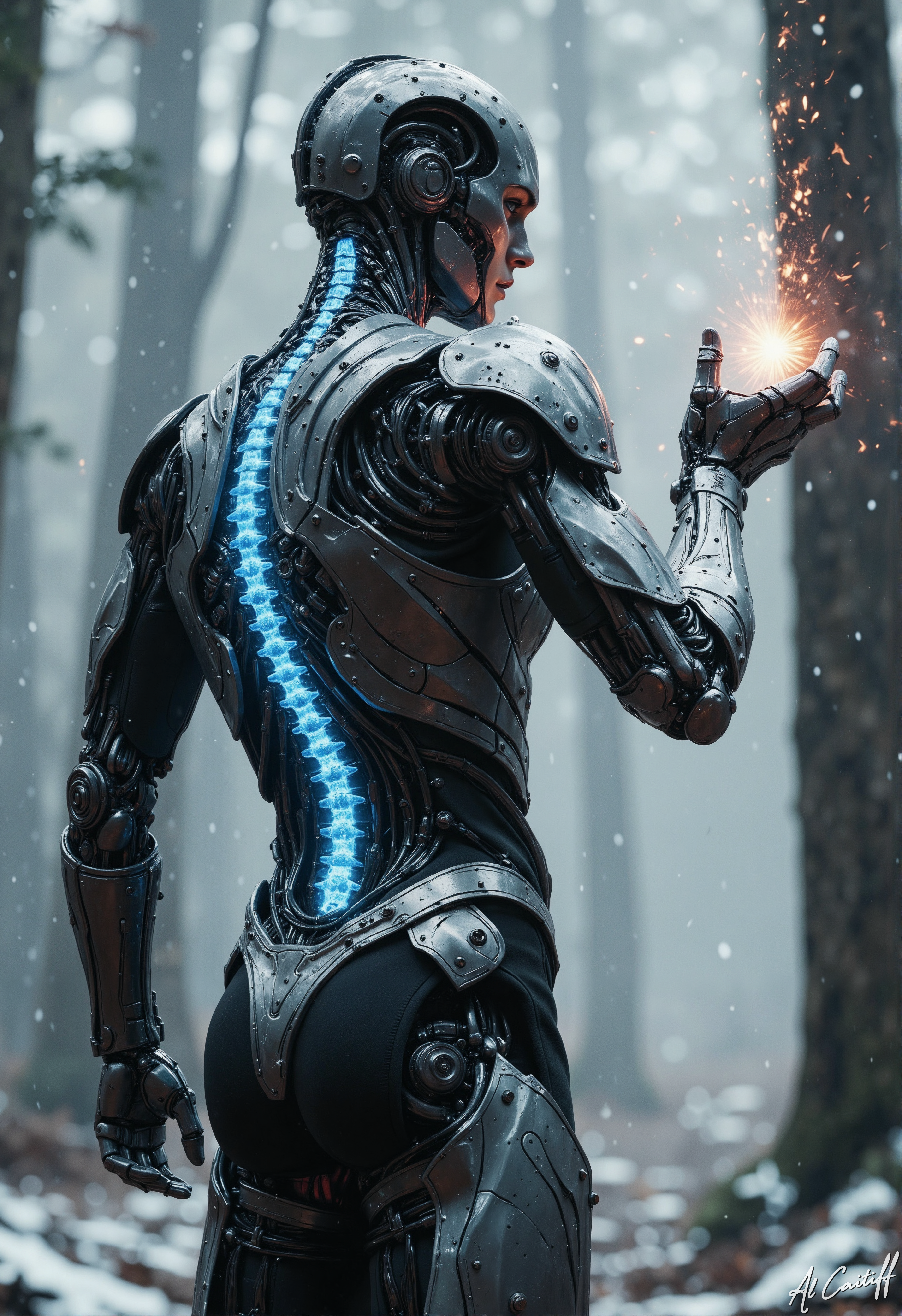 A humanoid robot stands in a mist-laden forest, its sleek metallic exoskeleton partially visible beneath a translucent synthetic skin that reveals the pulsing blue glow of its spinal column. Dressed in a form-fitting black leather corset, its mechanical legs are fully exposed gears and hydraulics shifting subtly with each calculated movement. Its back is turned to the camera, emphasizing the intricate skeletal structure as it raises its right arm, fingers curled around a small, radiant orb that emits a warm orange light. The glow spills across its back, illuminating faint circuitry beneath its artificial skin, while snowflakes drift silently around it, melting against its heated frame. The forest looms in the background, dark and endless, trees blurred by fog, an eerie quiet broken only by the faint hum of the orbâs energy. The robotâs posture suggests contemplation, as if deciding whether to harness the orbâs power or destroy it., fg, l1n0c2t<lora:Flux/Stylized-Super-Texture.safetensors:0.4000000000000001:0.4000000000000001> <lora:CustomFlux/MysticFantasy.safetensors:0.20000000000000004:0.20000000000000004> <lora:CustomFlux/MysticRealism.safetensors:0.7000000000000002:0.7000000000000002> <lora:Flux/Linocut - s1 g4.safetensors:0.25000000000000006:0.25000000000000006>