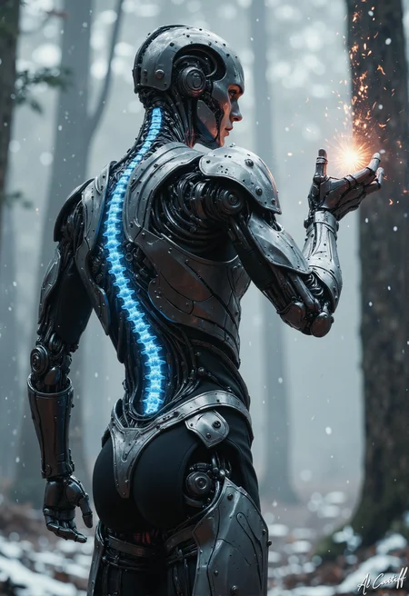 A humanoid robot stands in a mist-laden forest, its sleek metallic exoskeleton partially visible beneath a translucent synthetic skin that reveals the pulsing blue glow of its spinal column. Dressed in a form-fitting black leather corset, its mechanical legs are fully exposed gears and hydraulics shifting subtly with each calculated movement. Its back is turned to the camera, emphasizing the intricate skeletal structure as it raises its right arm, fingers curled around a small, radiant orb that emits a warm orange light. The glow spills across its back, illuminating faint circuitry beneath its artificial skin, while snowflakes drift silently around it, melting against its heated frame. The forest looms in the background, dark and endless, trees blurred by fog, an eerie quiet broken only by the faint hum of the orbâs energy. The robotâs posture suggests contemplation, as if deciding whether to harness the orbâs power or destroy it., fg, l1n0c2t<lora:Flux/Stylized-Super-Texture.safetensors:0.4000000000000001:0.4000000000000001> <lora:CustomFlux/MysticFantasy.safetensors:0.20000000000000004:0.20000000000000004> <lora:CustomFlux/MysticRealism.safetensors:0.7000000000000002:0.7000000000000002> <lora:Flux/Linocut - s1 g4.safetensors:0.25000000000000006:0.25000000000000006>