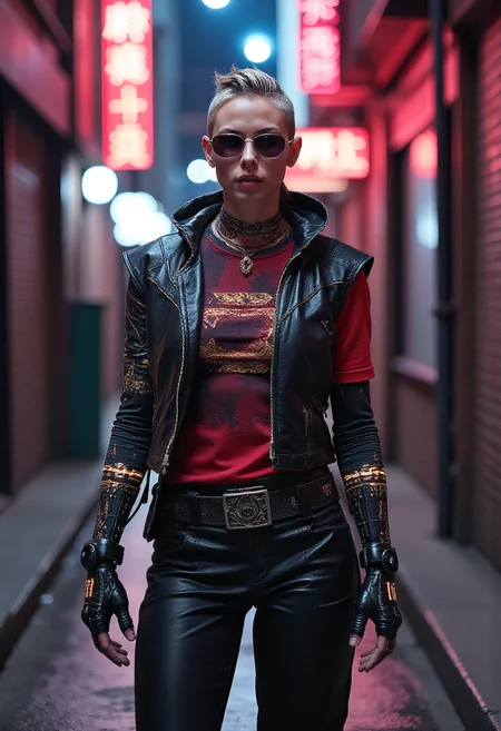 Amidst the vibrant cyberpunk metropolis, a young vikingpunk mercenary stands out in a neon-lit alley, her cybernetic implants and (biomechanical cybernetic mechanical_arms with organic elements fused with metal, pulsing veins, biomechanical textures), glowing in the city's light.
She wears a striking outfit, a unique fusion of traditional Viking armor and futuristic fashion. The top consists of a tailored full length leather_vest adorned with intricate Viking patterns, showing off her mechanical_arms, while a t-shirt with ancient runic symbols peeks from underneath. Below, she dons a pair of durable leather_pants and wide Viking belt, their design inspired by Viking armor, offering protection and mobility. The ensemble is completed with a pair of sturdy combat boots, their style blending ancient and modern influences.
The alley, bustling with urban life, sets the stage for her confident presence. Her short undercut hair and terminator-style sunglasses create a distinctive look, representing the fusion of her cultural heritage and futuristic enhancements. This scene, with its atmospheric lighting and urban environment, captures the essence of a viking woman, transported through time, navigating this new world, leaving a lasting impression in the heart of the city.