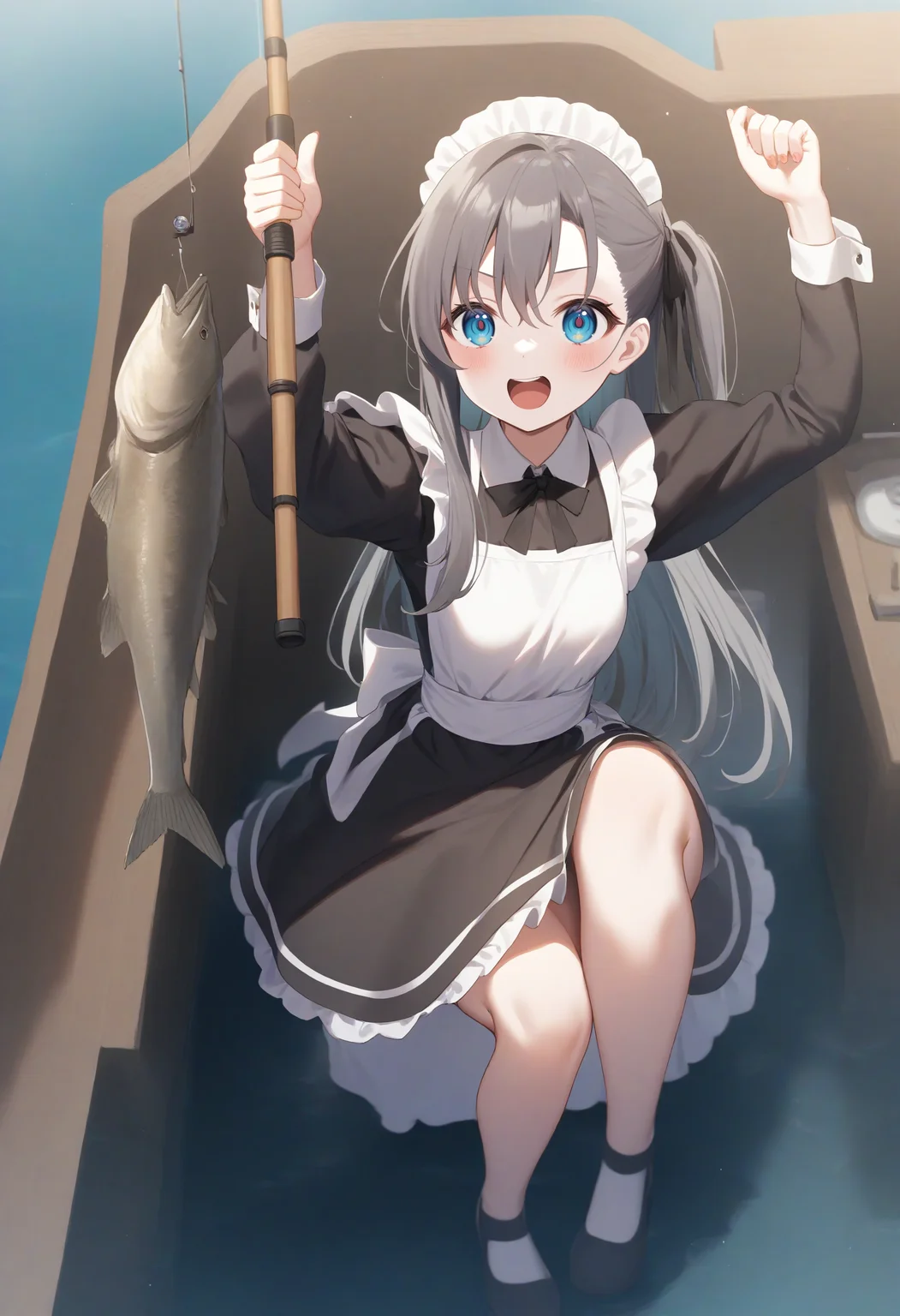1girl,sincos, ningen mame, toosaka asagi,solo,medium breasts,20yo,maid,maid headdress,
fishing, fishing rod, fish, boat, holding fishing rod, holding fish, ocean, day, arm up, water drop, fishing line, <lora:fishing_XL_v1:0.8>
from behind, full body, looking up, gray hair, aqua eyes,grin, open mouth, disheveled hair,,
best quality, very aesthetic, absurdres