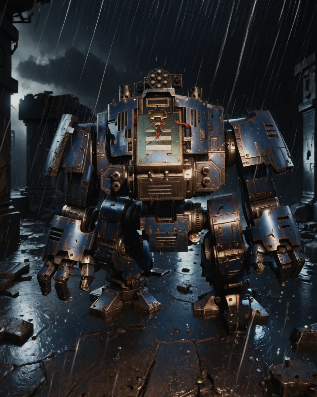 score_9, score_8_up, score_7_up, rating_questionable, intricately detailed,
<lora:W40k_Ultramarine_Dreadnought:0.9>,
drn0ghtopen, giant humanoid robot:2, headless, solo, full body,
front,
rain, wet, battlefield, ruins, burning wreckage, cracked concrete, at night, darkness, rainfall, dark theme,
depth of field, detailed background,
<lora:ral-chrosc-clr:0.5>, ral-chrosc-clr,
<lora:Expressive_H:0.5>, expessiveH,
<lora:xl_more_art-full_v1:0.3>,
<lora:add-detail-xl:0.3>