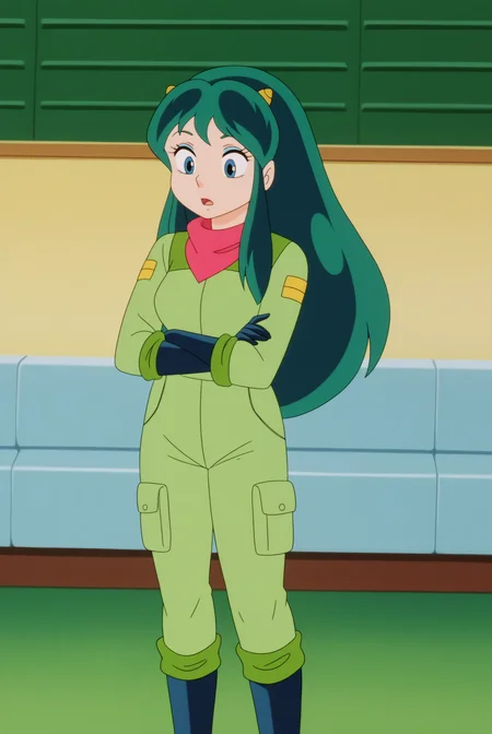 Lum, green jumpsuit <lora:Commission-Urusei_Yatsura_80s-Lum-PDXL:0.8>