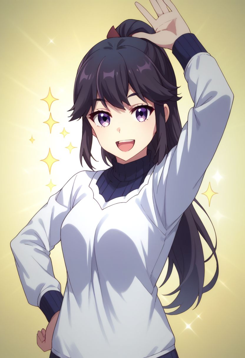 score_9, score_8_up, score_7_up, source_anime, highly detailed, 
seiko, 1girl, solo, long hair, open mouth, smile, arm up, purple eyes, black hair, :d,
hand on hip, sparkle, looking at viewer, ponytail, long sleeves, upper body, bangs,
indoor, japanese