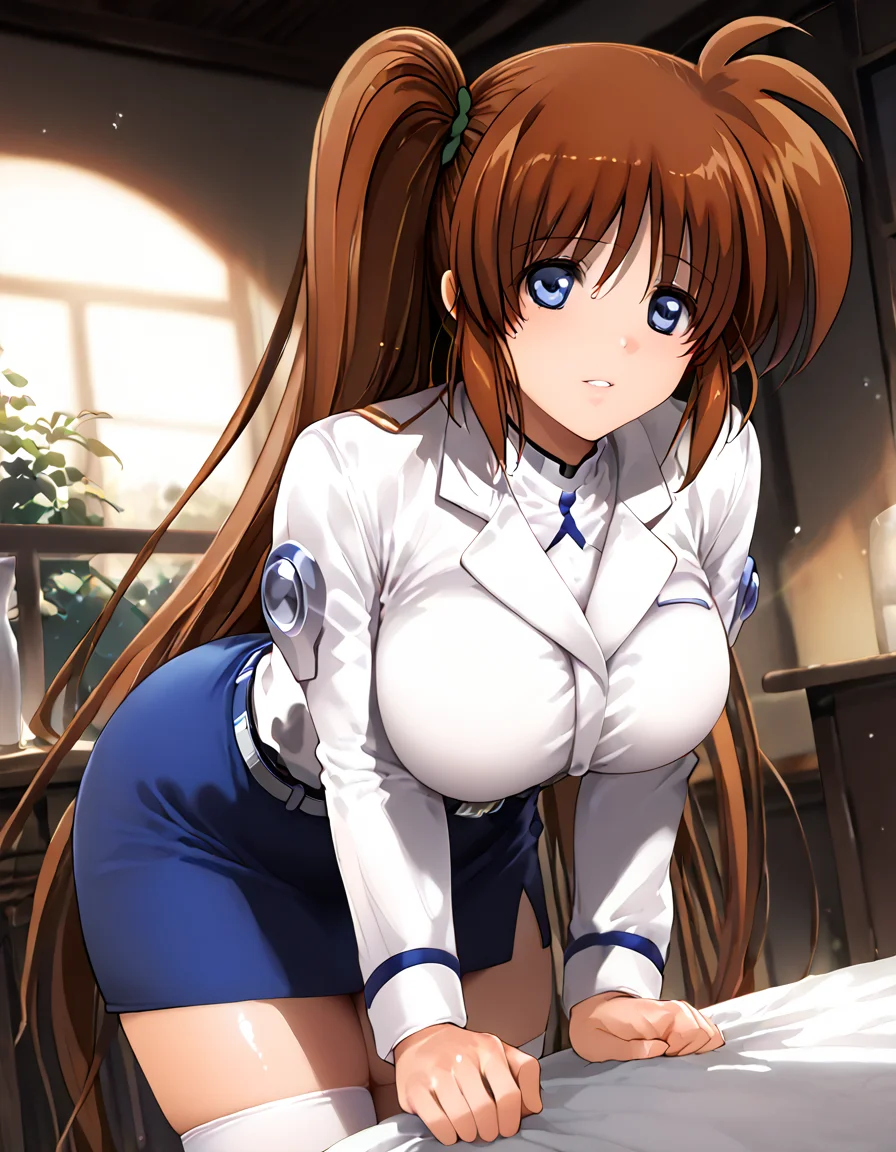 score_9, score_8_up, score_7_up, source_anime,reizei,1girl, dutch angle,parted lips, large breasts, shiny skin, <lora:reizei:0.8>,depth of field, light particles, very long hair, hair bow,
takamachi nanoha, side ponytail, long hair, brown hair, large breasts, blue eyes, ((whiteuniform)), (blue skirt),(side slit:0.2), long sleeves, white legwear, belt, indoors,<lora:takamachi nanoha pony:1>,<lora:AIã¤ã©ã¹ããããã:0.6>,shiny,zettai ryouiki, <lora:sinfully_stylish_SDKL:0.3>,Sinfully Stylish ,<lora:add_details_xl:0.3>,lens flare, bent over, mature female,