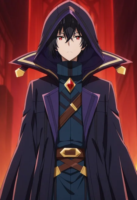 masterpiece, best quality, anime screencap, official style, anime coloring, cowboy shot, 1boy, solo, male focus, <lora:cid_kagenou_ilxl:0.9>, cid_kagenou, black hair, short hair, hair between eyes, bangs, red eyes, cloak, hood, hood up,