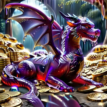 1dragon, highly detailed deep purple dragon, deep purple dragon made out of slime, scaly deep purple slime dragon, slime dragon with red eyes, deep purple slime dragon laying in its hoard, blue slime dragon with wings, dragon wings, detailed claws, detailed feet, detailed tail,
multi-colored gems made out of slime, in a room of treasure made out of slime, gold coins and bars made out of slime, piles of coins, piles of gold slime coins, piles of gold slime, tiny gold slime coins, no large coins, no medium coins, only tiny coins,
treasure-room, treasure, gemstone, coins, gold bars, gold pile, 
everything made of slime, No simple background,
((translucent slime)), ((transparent slime)), (bioluminescent slime), sl1m3, slime, ais-blmn, watce, je11y, thickwater, great lighting, ral-lava, even lighting, no bright spots, saturated colors,