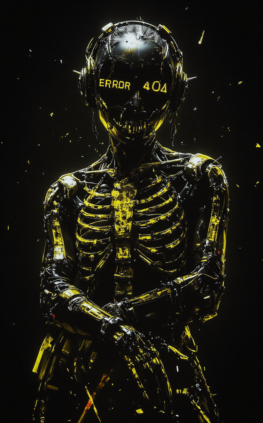 A stark black-and-yellow portrait of a glitching female cyborg in a contorted pose, her mechanical skeleton exposed with hydraulic muscles, joints, and servos twitching erratically. Her face is fractured and insane, wearing a mask over her eyes that reads 'GLITCH' in distorted English text. The image is corrupted with digital noise, her form flickering between mechanical precision and chaotic instability, while jagged yellow highlights fracture across her body like electrical sparks against a pitch-black background.

Key Details:
The Cyborg:
Silhouette & Pose:

Contorted, as if caught in a moment of malfunction—her spine visibly mechanical, joints misaligned, fingers curling into sharp claws that distort into glitching polygons.

Face half-visible: One side reveals a skeletal metal structure, the other a distorted human-like visage emerging from static noise.

Mask & Eyes:

Her eye mask glows faintly in neon yellow, the word 'GLITCH' written in jagged, corrupted font, as if it's short-circuiting. Her eyes beneath the mask alternate between cold blue LEDs and chaotic red error signals.

Mechanical Features:

Exposed ribs made of interlocking gears, spinning erratically. Hydraulic muscles pulsate with leaking fluid, glowing faintly with toxic yellow light.

Her arms are partially disassembled, wires dangling like veins, sparking with electricity. Her legs bend unnaturally at the knees, one foot replaced by a jagged metal claw.

The Glitch Effects:
Digital Noise:

Scan lines ripple across her body in bright yellow, slicing through her limbs and torso like laser cuts.

Static bursts appear as sharp yellow streaks against the black background, creating a sense of movement and chaos.

Data Corruption:

Binary code spills out of her joints in yellow text, spelling 'ERROR 404' in ASCII.

Frozen frames of a screaming mouth hidden within the static, barely visible in the pixels.

The Background:
Black & Yellow Aesthetic:

The entire background is a deep, matte black, illuminated only by jagged yellow highlights that mimic electrical arcs and sparks. These highlights create a sense of energy and tension, as if the scene is alive with surging power.

Floating Elements:

A cracked black halo hovers above her head, outlined in neon yellow, pixelating into shards that drift downward like falling debris.

Scratches animate when tilted, revealing hidden messages like 'SHE BREAKS' or 'SYSTEM FAILURE,' all rendered in sharp yellow against the black void.

Atmosphere:

The entire scene feels suspended in a liminal space—a blend of industrial decay and digital collapse. Every detail is sharp yet unstable, creating an unsettling tension between order and chaos