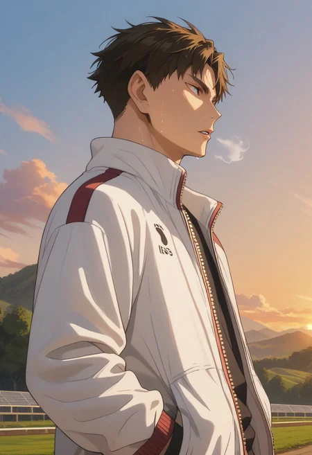score_9, score_8_up, score_7_up, source_anime, rating_safe, Ushaikyu, 1boy, male focus, anime screencap, sweating, white track jacket, black shirt, parted lips, breathing heavily, sunset, outdoors, hands in pocket, from below, from side,