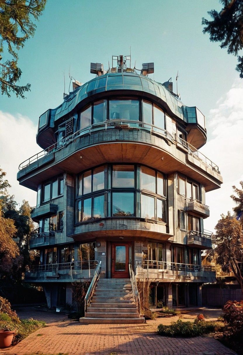 Visualize a futuristic house, symbolizing online community in the style of incorporate elements that evoke a sense of building with a large spaceship complex, elegant, expansive, fantastical, film photography style, heavy grain