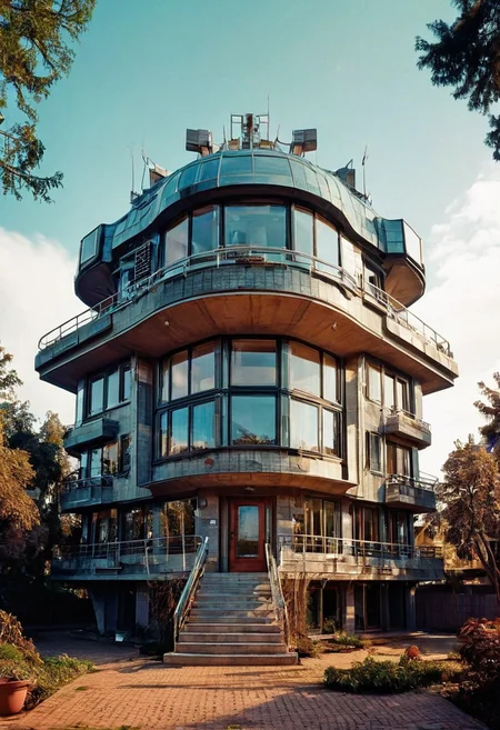 Visualize a futuristic house, symbolizing online community in the style of incorporate elements that evoke a sense of building with a large spaceship complex, elegant, expansive, fantastical, film photography style, heavy grain