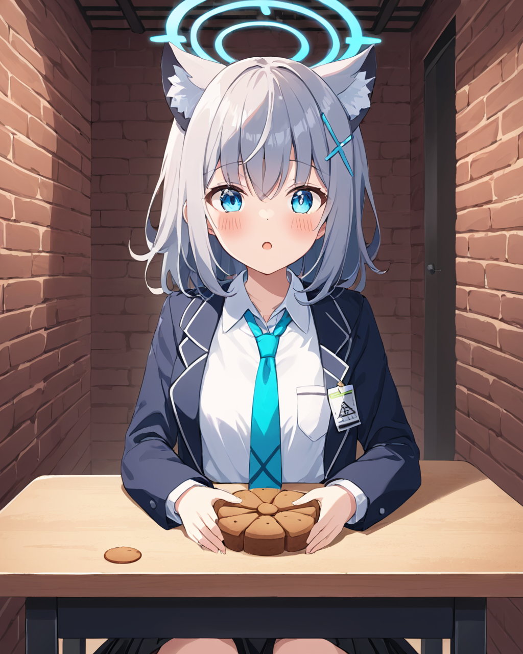 shiroko_\(blue_archive\),1girl, solo, looking_at_viewer, animal_ear_fluff, white_shirt, sitting, halo, cookie, long_sleeves, blush, pleated_skirt, hair_ornament, school_uniform, holding, collared_shirt, table, open_mouth, brick_wall, black_skirt, aqua_necktie
<lora:shiroko_(blue_archive)_image1930_2023-11-18_spv-000030:1>. gorgeous,key visual, vibrant, studio anime,award-winning, professional, highly detailed,high budget, cinemascope