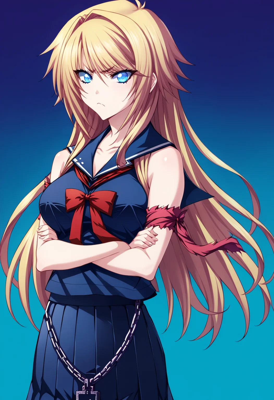 score_9, score_8_up, score_7_up, source_anime, uncensored, zPDXLxxx, <lora:intricate_details:1> intricate_details_xl, gradient background, profile picture, dark theme, chibi inset
<lora:Tsujidou_Ai3.0:1> tsujidou ai, default outfit, 1girl, solo, long hair, school uniform, chain, blue eyes, blonde hair, serafuku, skirt, armband, crossed arms, (pout:0.9), light frown, (glowing eyes:0.85), looking at viewer,