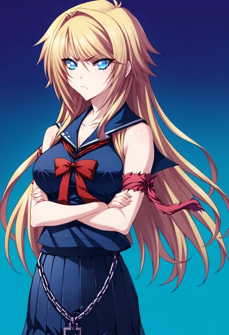 score_9, score_8_up, score_7_up, source_anime, uncensored, zPDXLxxx, <lora:intricate_details:1> intricate_details_xl, gradient background, profile picture, dark theme, chibi inset
<lora:Tsujidou_Ai3.0:1> tsujidou ai, default outfit, 1girl, solo, long hair, school uniform, chain, blue eyes, blonde hair, serafuku, skirt, armband, crossed arms, (pout:0.9), light frown, (glowing eyes:0.85), looking at viewer,