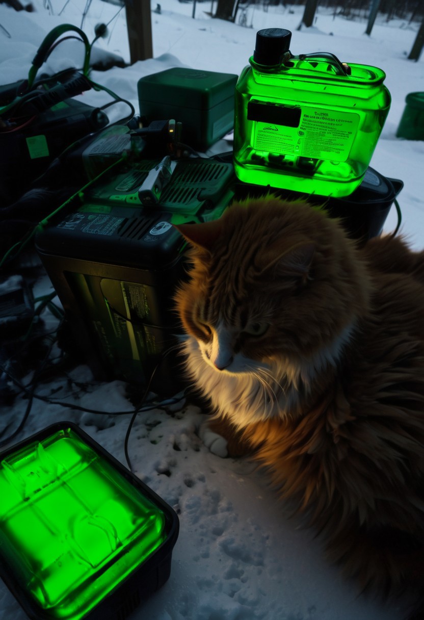 clutter, trash, no humans, realistic, cable, computer, dark, outdoors, winter, snow, cat,, low key, 18650, battery, charger, glass bottle, green goo, back lit