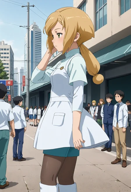 <lora:Hyper-SDXL-8steps-lora:1> <lora:Fixhands_anime_bdsqlsz_V1:1> zPDXL2, score_9, score_8_up, score_7_up, source_anime, intricate details, perfect anatomy BREAK
outdoors, city, tokyo, japan, audience, crowd, standing, cowboy shot,  wind,  hair flowing in the wind,  from side,  looking at viewer,  hand in own hair, Sleepy, Drooping eyelids, half-closed eyes, and a slightly dazed expression., 1girl, solo, solo focus, 
<lora:GAGE-wendy_hearts_XL(pony)v10:1> gage-wendy, blonde hair, low ponytail, GAGE-wendy outfit, white dress, green shorts, black pantyhose, white boots,