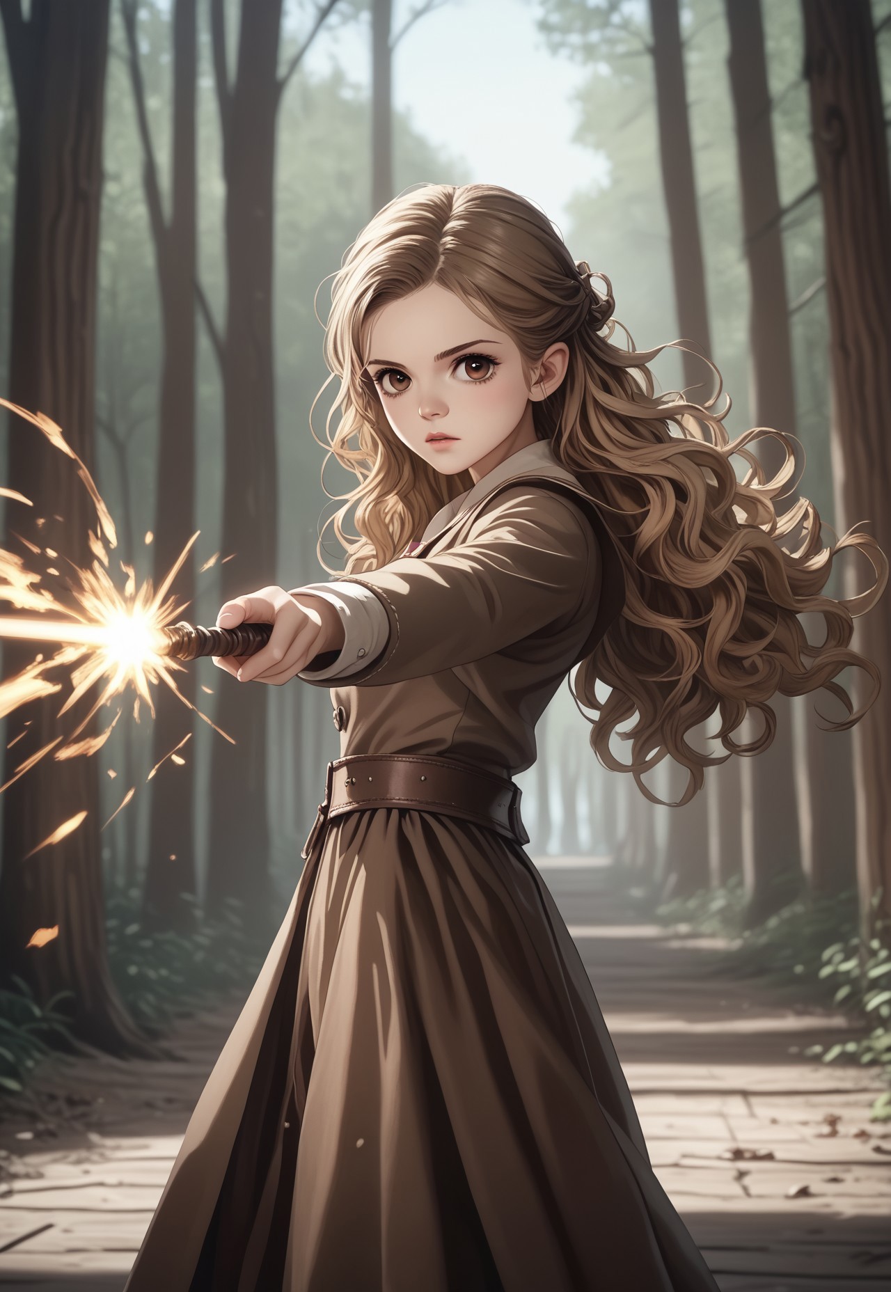 (((score_9, score_8_up, score_7_up))), ((( highly detailed, masterpiece, perfect, detailed, hd, )))
,
((( HermioneWA, big eyes, brown eyes, long hair, wavy hair, light brown hair )))
,
((( 1girl, solo, beautiful, pretty)))
,
((( Magbeamb, firing, wand )))
,
((( Wood ))) 
,
((( Full body view)))
,
(( ))
,
((( )))
,
()
