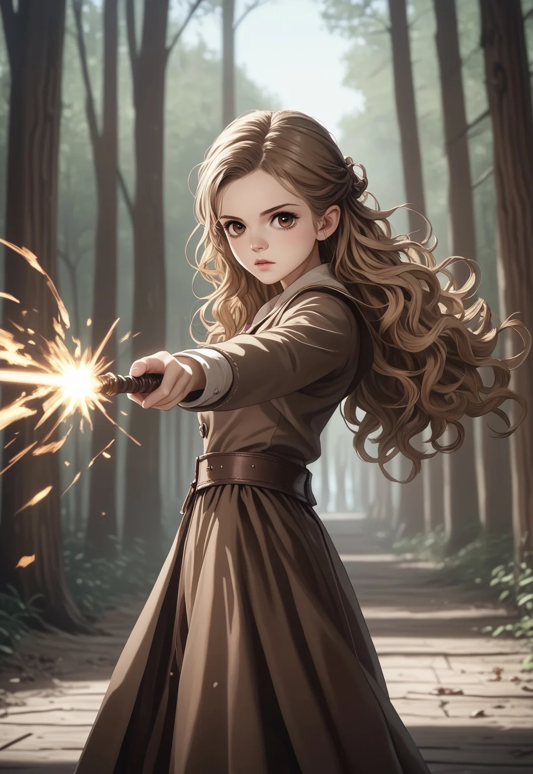 (((score_9, score_8_up, score_7_up))), ((( highly detailed, masterpiece, perfect, detailed, hd, )))
,
((( HermioneWA, big eyes, brown eyes, long hair, wavy hair, light brown hair )))
,
((( 1girl, solo, beautiful, pretty)))
,
((( Magbeamb, firing, wand )))
,
((( Wood )))
,
((( Full body view)))
,
(( ))
,
((( )))
,
()