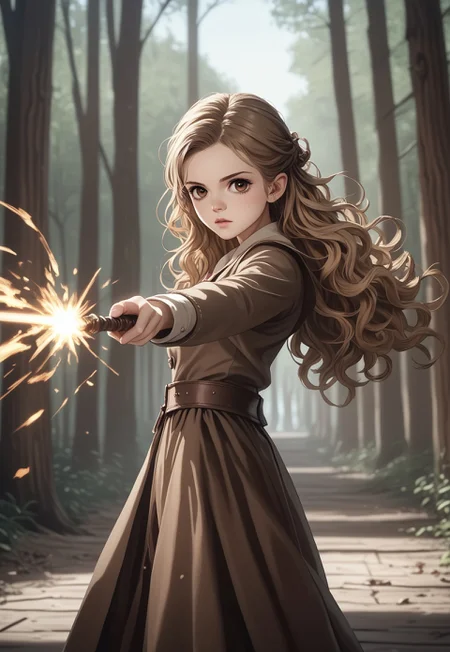 (((score_9, score_8_up, score_7_up))), ((( highly detailed, masterpiece, perfect, detailed, hd, )))
,
((( HermioneWA, big eyes, brown eyes, long hair, wavy hair, light brown hair )))
,
((( 1girl, solo, beautiful, pretty)))
,
((( Magbeamb, firing, wand )))
,
((( Wood )))
,
((( Full body view)))
,
(( ))
,
((( )))
,
()