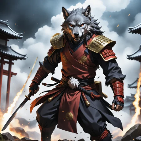 anime artwork anime artwork ((dark anime art:1.1)), a wrathful samurai wolf is storming the battlefield . anime style, key visual, vibrant, studio anime, highly detailed . anime style, key visual, vibrant, studio anime, highly detailed