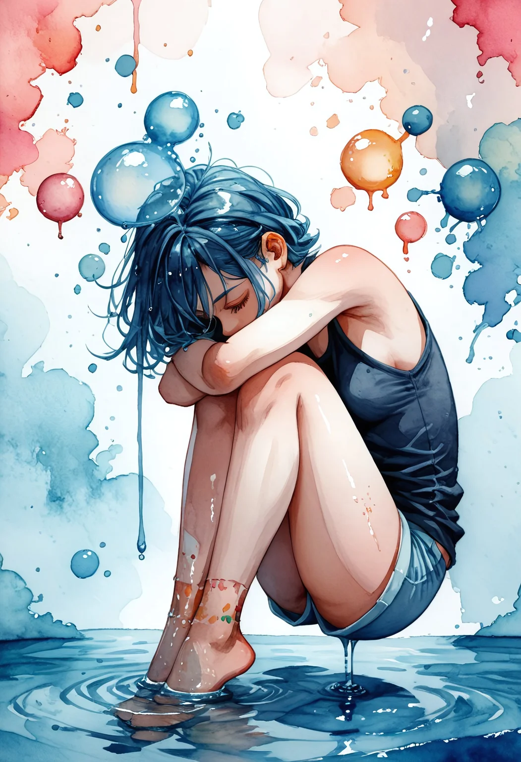 score_9, score_8_up, score_7_up, score_6_up, score_5_up, score_4_up, high quality, 1girl, solo, on water, legs bent, arms around legs, novuschroma65 style watercolor, dripping watercolor, color drops on background, abstract, paint bubbles,