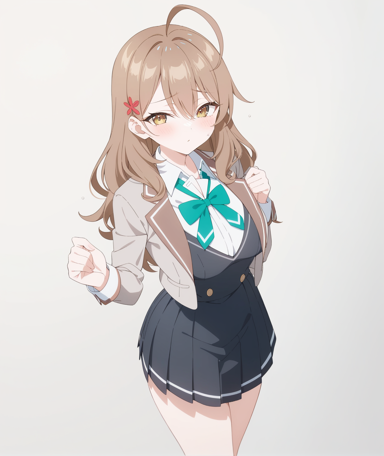 <lora:tokidoki_bosotto_roshia-go_de_dereru_tonari_no_arya-san:1>, 1girl,mariya mikhailovna kujou,
Best quality,official art,standing, school uniform, simple background, green bowtie,breasts, black dress, collared shirt, open jacket, 
masterpiece, newest, absurdres,