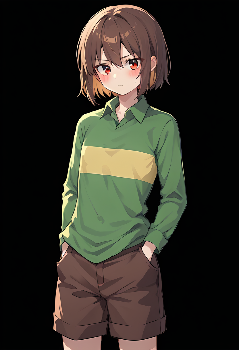 score_9, score_8_up, score_7_up, source_anime , <lora:Chara pony:0.8>, chara, 1girl, shorts, shirt, brown hair, solo, striped, collared shirt, simple background, brown shorts, long sleeves, cowboy shot, green shirt, striped shirt, red eyes, flat chest, (dark room:0.5), black walls, blushes, light highlights