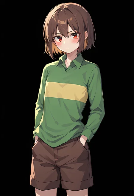 score_9, score_8_up, score_7_up, source_anime , <lora:Chara pony:0.8>, chara, 1girl, shorts, shirt, brown hair, solo, striped, collared shirt, simple background, brown shorts, long sleeves, cowboy shot, green shirt, striped shirt, red eyes, flat chest, (dark room:0.5), black walls, blushes, light highlights
