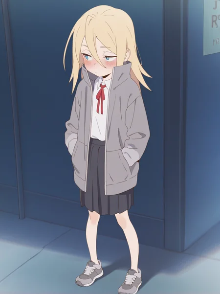 (masterpiece:1.4), (best quality:1.4),  rating_safe,very aesthetic, newest,best quality, amazing quality, very aesthetic, absurdres,
 1girl,solo,jobko, ,  blonde hair,  long hair, hair between eyes, eyebrows,  
<lora:jobko:1>
white shirt,neck ribbon,red ribbon,pleat skirt,grey jacket,grey sneakers
outdoor
standing,blush,looking away,full body