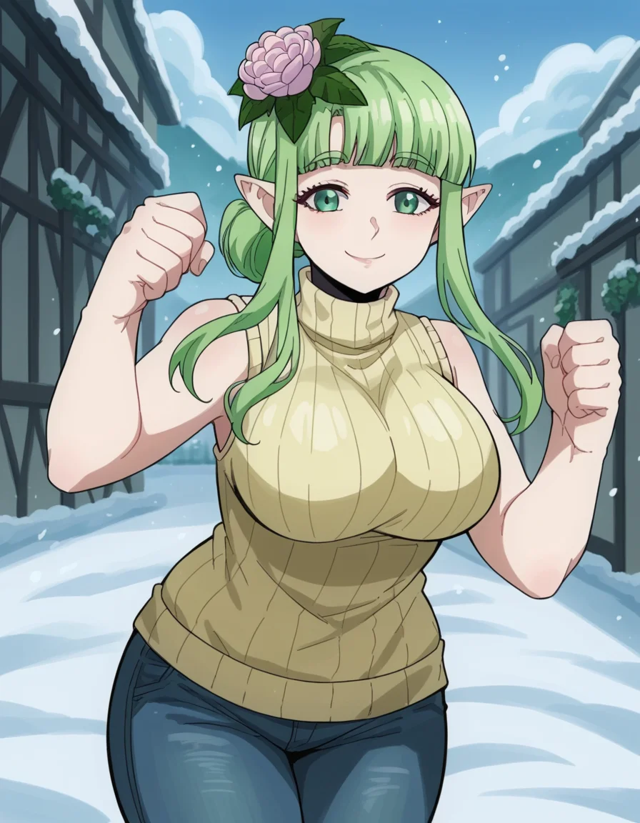 score_9, score_8_up, score_7_up, source_anime, <lora:kusahanada-s1-ponyxl-lora-nochekaiser:1>, kusahanada, large breasts, hair ornament, green eyes, flower, sidelocks, green hair, pointy ears, hair flower,, sleeveless, pants, sweater, turtleneck, denim, ribbed sweater, jeans, sleeveless turtleneck, snow day, winter clothes, snowball fight, laughter, cold breath, white landscape, smile, looking at viewer, smile, solo,, cowboy shot, dutch angle