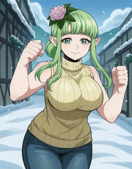 score_9, score_8_up, score_7_up, source_anime, <lora:kusahanada-s1-ponyxl-lora-nochekaiser:1>, kusahanada, large breasts, hair ornament, green eyes, flower, sidelocks, green hair, pointy ears, hair flower,, sleeveless, pants, sweater, turtleneck, denim, ribbed sweater, jeans, sleeveless turtleneck, snow day, winter clothes, snowball fight, laughter, cold breath, white landscape, smile, looking at viewer, smile, solo,, cowboy shot, dutch angle