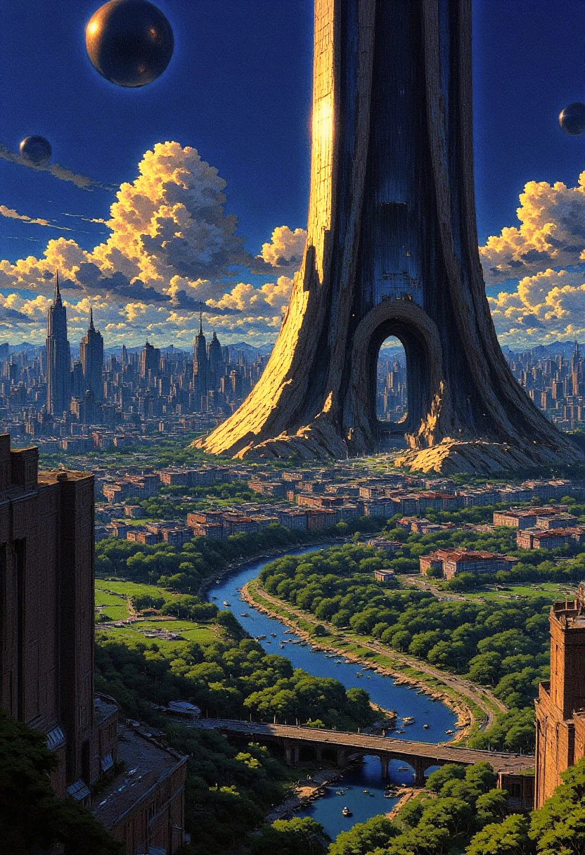 AnimeSky style, anime style, high lighting. A futuristic cityscape at dusk. The central focus is an immense, towering skyscraper with a sleek, reflective surface that reflects the soft, ambient light of the setting sun. The building's design is futuristic, with a tapering top and a complex, organic base that seems to blend seamlessly with the landscape. In the foreground, a serene river runs through a valley lined with lush, green trees. Bridges and elevated walkways connect the base of the skyscraper to the surrounding buildings. The buildings in the foreground are more modest in size, with a mix of glass and metallic facades, indicating modern architecture. In the background, the cityscape stretches into the distance, showcasing a variety of skyscrapers and high-rises, some of which are needle-like, indicating a focus on verticality and density. The sky is a gradient of deep blues and purples, with scattered, fluffy clouds casting shadows on the buildings below. The overall color palette is cool and serene, with the soft lighting enhancing the futuristic, utopian atmosphere of the scene. a supermassive dull sun in the background, cinematic, Perfect Composition, gradient vibrant neon colours, best quality, masterpiece, (high contrast)