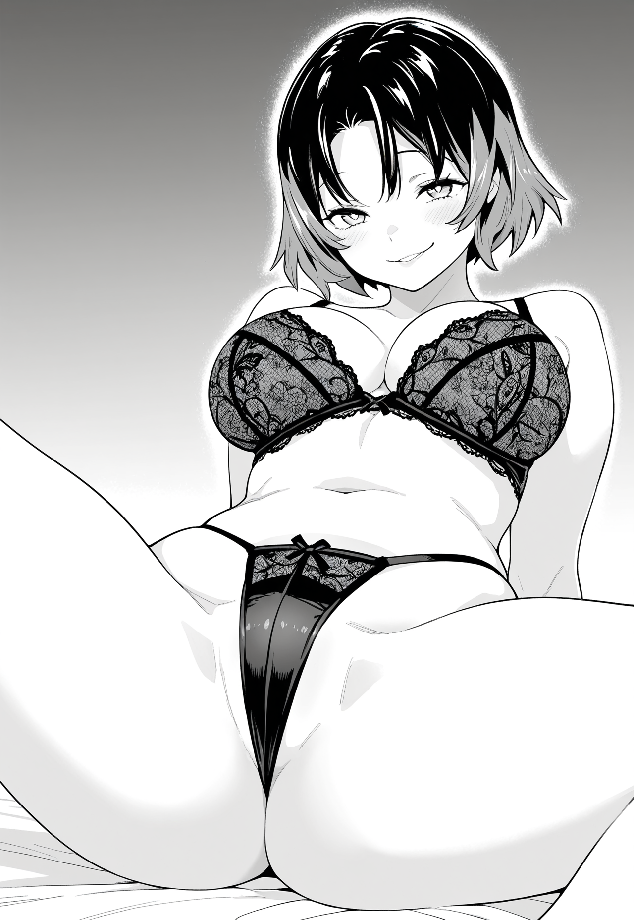masterpiece, best quality, amazing quality, 1girl, solo, yakumo ezo, short hair, layered bob cut, two tone hair with lighter tips, expressive eyes, large breasts, wide hips, black strappy lace bra, matching thong, lingerie, leaning back, legs bent, teasing expression, monochrome
