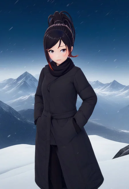 masterpiece, best quality,ponytail,beautiful,mountain view, snow outfit,snowing,intense,mountain top,fierce pose,snowstorm,on mountain peak