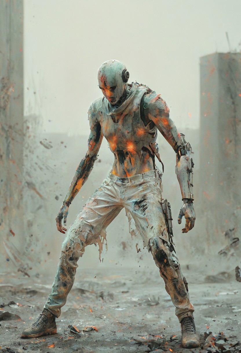 a combat cyborg, damaged, looking at the sunset over a faraway distopian city, colorful, muted rusted eroded paint, looking defeated,