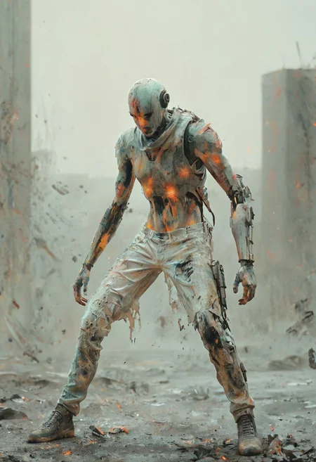a combat cyborg, damaged, looking at the sunset over a faraway distopian city, colorful, muted rusted eroded paint, looking defeated,