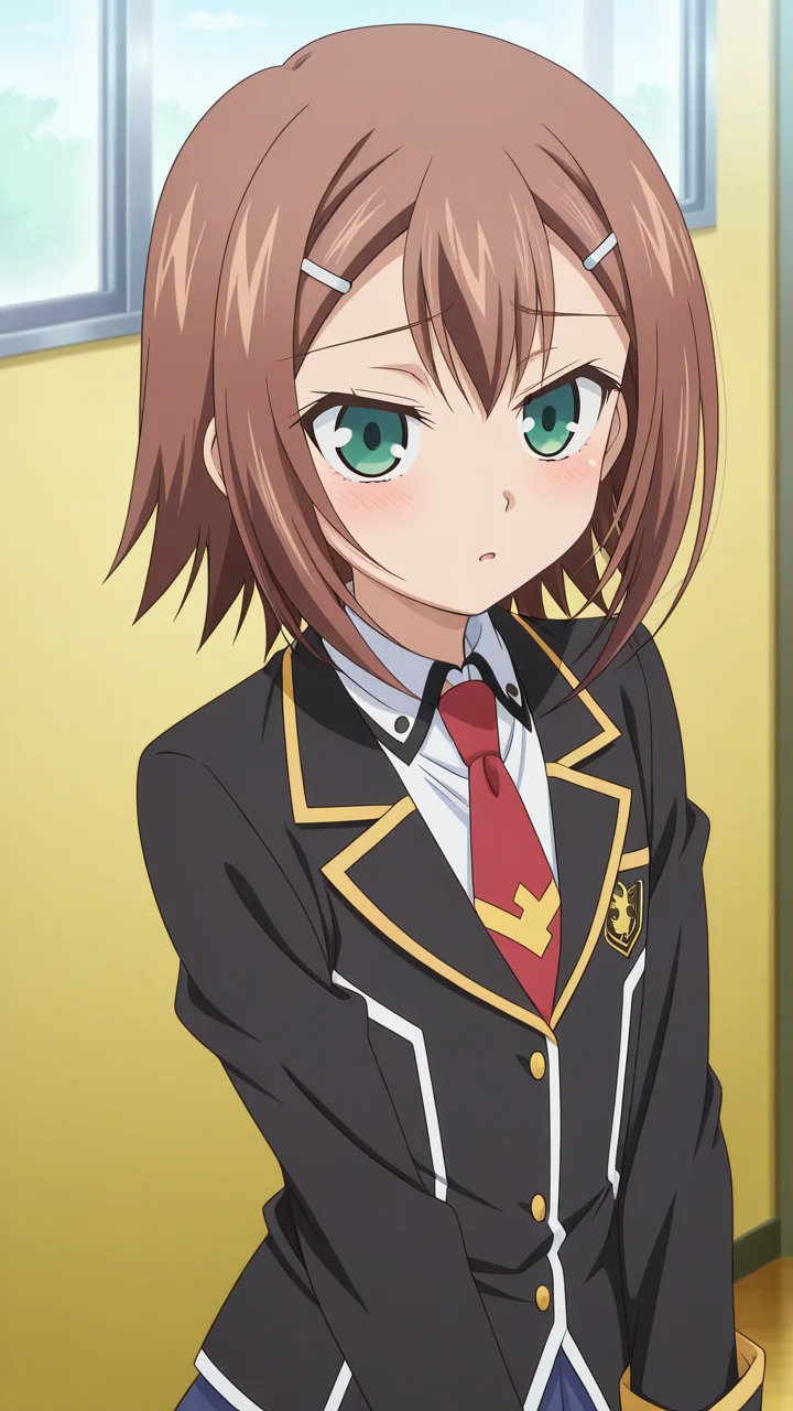 masterpiece, best quality, amazing quality, very aesthetic, absurdres, newest, anime screencap, <lora:checkpoint-e18_s864:1>, kinoshita hideyoshi, otoko no ko, brown hair, green eyes, short hair, fumizuki academy school uniform, school uniform, necktie,