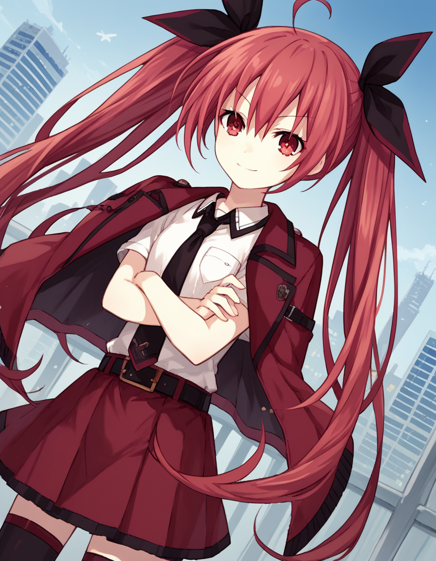 score_9, score_8_up, score_7_up, source_anime,
kotoriitsuka, <lora:kotori-itsuka-lightnovel-ponyxl-lora-nochekaiser:1>,
kotori itsuka, long hair, red eyes, twintails, very long hair, red hair, ahoge, ribbon, hair ribbon,
skirt, shirt, thighhighs, school uniform, jacket, white shirt, necktie, belt, black thighhighs, zettai ryouiki, red skirt, jacket on shoulders, red jacket,
outdoors, cityscape, crossed arms, smile,
looking at viewer, solo, cowboy shot, dutch angle,