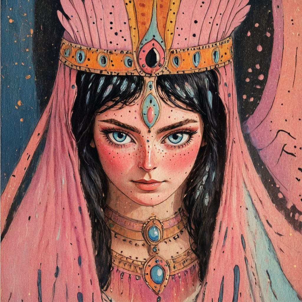 <lora:Pastel_ReverieSDXL:1> ArsMJStyle, Pastel Reverie, The image shows a painting of a woman wearing a pink headdress with a human face in the center., 1girl, solo, freckles, traditional media, black hair, looking at viewer, portrait, blush, painting (medium), blue eyes