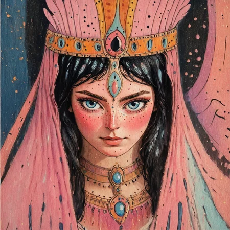 <lora:Pastel_ReverieSDXL:1> ArsMJStyle, Pastel Reverie, The image shows a painting of a woman wearing a pink headdress with a human face in the center., 1girl, solo, freckles, traditional media, black hair, looking at viewer, portrait, blush, painting (medium), blue eyes
