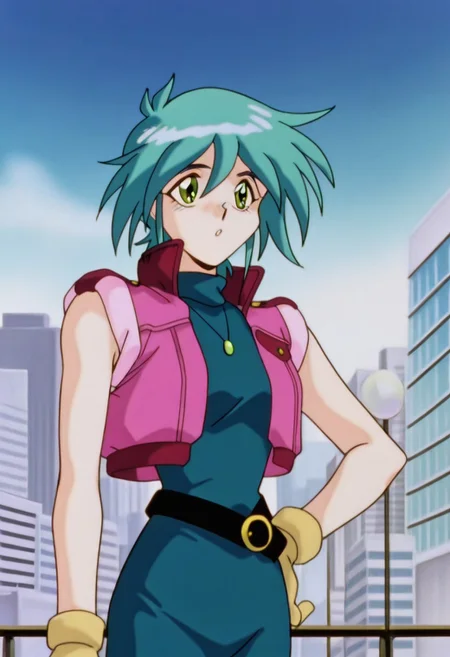 2gallenby, green eyes, sleeveless jacket, sleeveless bodysuit, necklace, gloves, belt, anime screencap, retro artstyle,cowboy shot, retro artstyle, city,