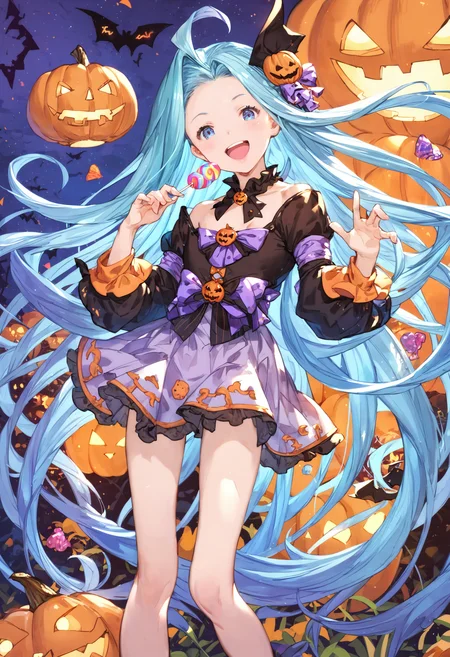 score_9, score_8_up, score_7_up,score_6_up, source_anime, best quality, aesthetic, absurdres, realistic,
halloween, halloween costume, happy halloween, official alternate costume, hair ornament, lollipop candy,
1girl, solo, smile, upper teeth only, (clear eyes:1.1), looking at viewer,
Lyria (Granblue Fantasy), very long hair, blue hair, (body_slim:1.1), small breasts, bare legs,
<lora:Lyria-Pony:0.8> <lora:IshikePony:0.2>