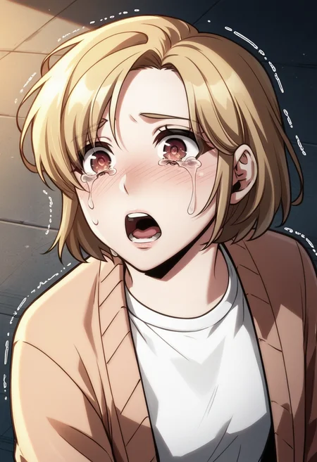 score_9, score_8_up, score_7_up, source_anime,anime screencap, anime coloring,intricate details,rating_safe, masterpiece, best quality,
(best quality, absurd res, ultra detailed),1girl, ((solo)), good eyes,perfect eyes,,detailed eyes, zPDXLxxx , zPDXL3,detailed, detailed face, <lora:add-detail-xl:3>,
BREAK
<lora:shin_yoosung:0.8>, shinyoosung, short hair, blonde hair, brown eyes, white shirt, open cardigan, long sleeves, blue pants, jeans, denim, 
BREAK
solo, upper body.
crying with eyes open, tears, , trembling,scared,