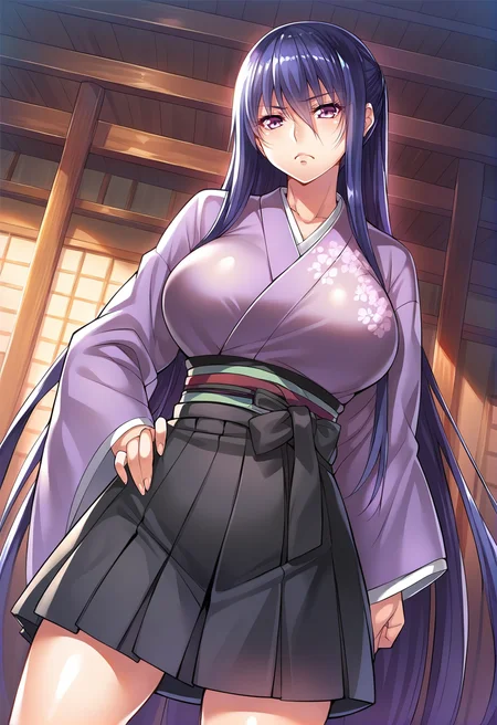 dynamic angle,,score_7_up,score_8_up,scrore_9,1girl,solo,rinko_akiyama,ra-igm_\(dark_purple_kimono_pleated_skirt_costume\),dojo,serious<lora:rinko_pony_V1-2-000020:0.7>