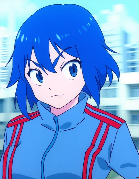 The image is a digital artwork featuring an anime-style female character. The character has short, spiky blue hair and wears what appears to be a uniform with red stripes running down the side of her jacket. Her expression is serious, and she's looking directly at the viewer with her eyes focused intently. In the background, there's a blurred cityscape that gives the impression of motion or speed, possibly indicating movement through the environment. The style suggests it could be an illustration for animation or manga media. There are no visible texts within the image to provide additional context or information about the character or setting. <lora:xlranime-sushio:1.0>
