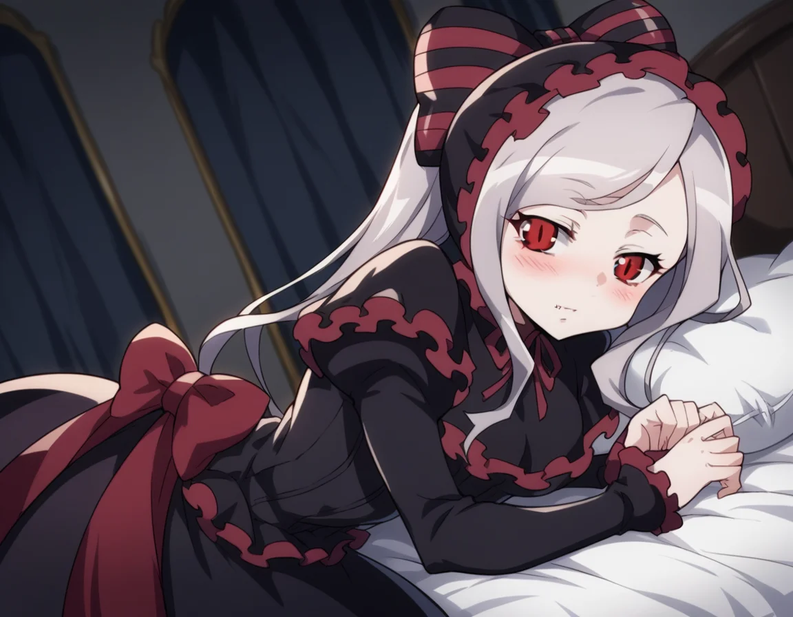 score_9, score_8_up, score_7_up, source_anime,
shalltear, <lora:shalltear-bloodfallen-s1s2-ponyxl-lora-nochekaiser:1>,
shalltear, grey hair, long hair, red eyes, silver hair,
black dress, bonnet, bow, dress, frilled dress, frills, large bow, long sleeves, vampire,
indoors, bed, bed room, on side, blush, drunk,
looking at viewer, cowboy shot, solo, dutch angle,