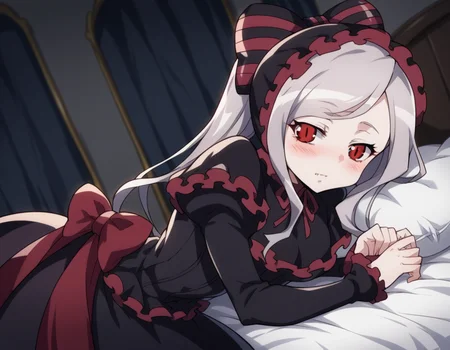 score_9, score_8_up, score_7_up, source_anime,
shalltear, <lora:shalltear-bloodfallen-s1s2-ponyxl-lora-nochekaiser:1>,
shalltear, grey hair, long hair, red eyes, silver hair,
black dress, bonnet, bow, dress, frilled dress, frills, large bow, long sleeves, vampire,
indoors, bed, bed room, on side, blush, drunk,
looking at viewer, cowboy shot, solo, dutch angle,