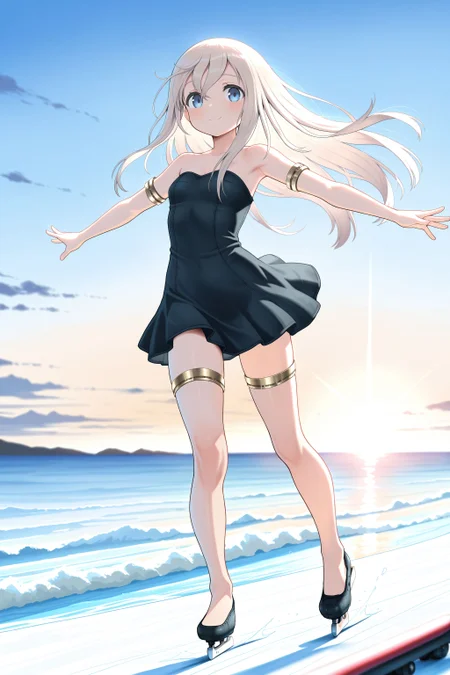 (masterpiece, best quality:1.2), amazing quality, very aesthetic, absurdres, perfect detail,
ocean, sunshine,
skating, outstretched arms, rolling, smile,
solo, u-511 \(pump\), no headwear, black dress, short dress, strapless dress, bare shoulders, bare legs, bare foot, armlet, thighlet,
<lora:XL_Ill_kancolle-u511(pump)-t2:0.9>