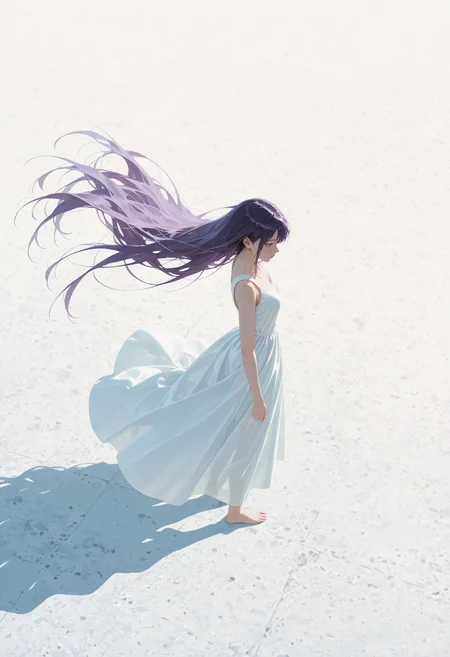 masterpiece,best quality,amazing quality,very aesthetic,absurdres, newest, realistic, 1girl, wide shot, from above, standing, barefoot, white dress, white background, simple background, white floor, fog, long shadow, from side, looking at own shadow, very long hair, purple hair,  sleeveless dress, long dress, floating dress, floating hair, shadow, shadow focus,