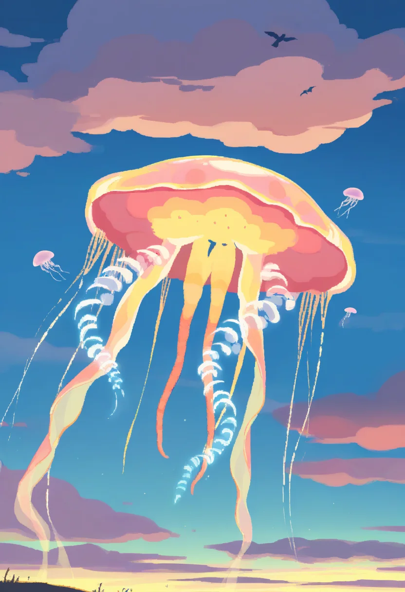 masterpiece, best quality, very aesthetic, absurdres,
rorr,
 giant jellyfish, wandering vagrant, bird, view from far, cloud, blue sky background <lora:RoRRNoobLocon_byKonan:1>