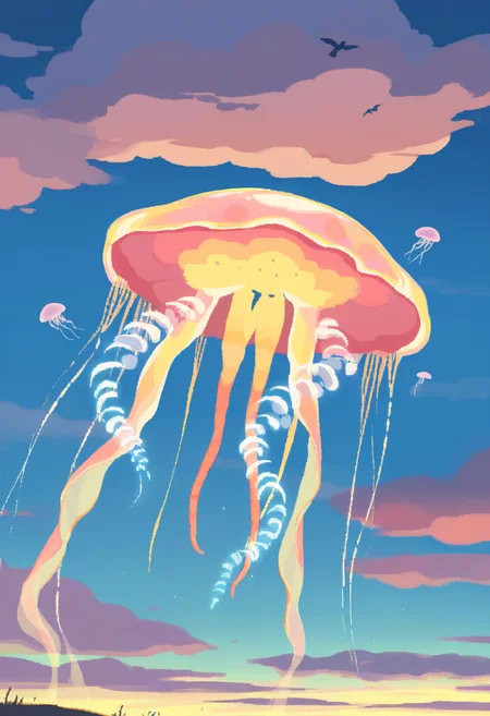 masterpiece, best quality, very aesthetic, absurdres,
rorr,
giant jellyfish, wandering vagrant, bird, view from far, cloud, blue sky background <lora:RoRRNoobLocon_byKonan:1>
